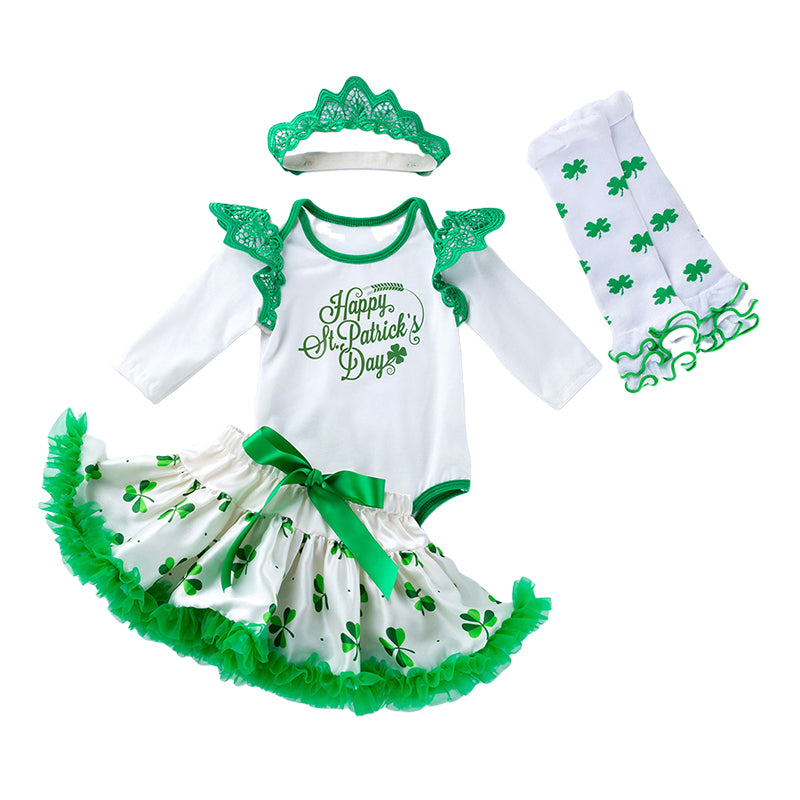 2 Pieces Set Baby Girls St Patrick's Day Letters Print Rompers And Bow Lace Skirts Wholesale 22021840