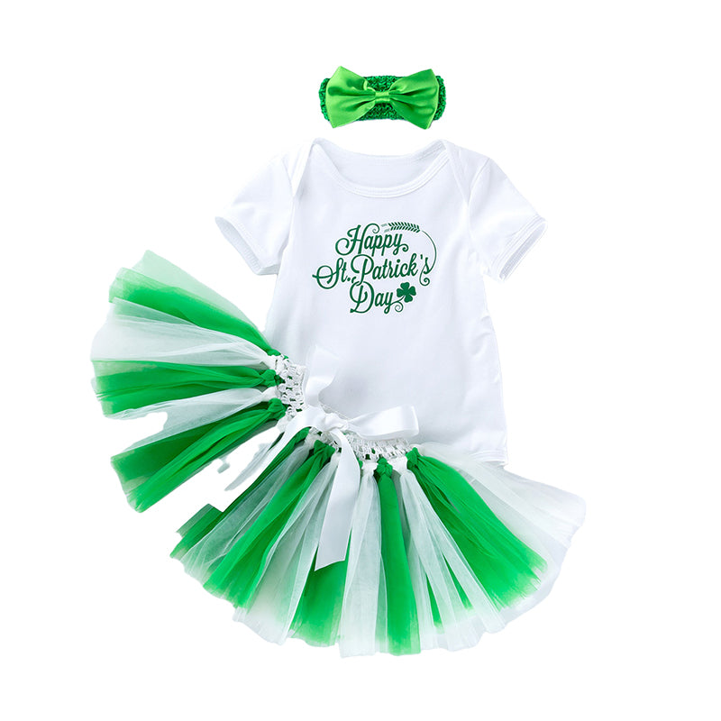 2 Pieces Set Baby Girls St Patrick's Day Letters Polka dots Bow Rompers And Lace Skirts Wholesale 22021842