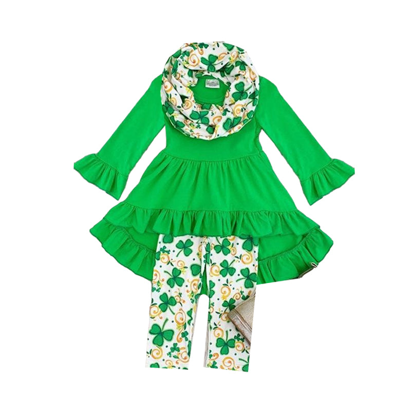 2 Pieces Set Baby Kid Girls St Patrick's Day Solid Color Print Dresses And Plant Pants Baby Bibs Wholesale 22021846