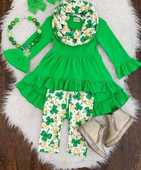 Load image into Gallery viewer, 2 Pieces Set Baby Kid Girls St Patrick&#39;s Day Solid Color Print Dresses And Plant Pants Baby Bibs Wholesale 22021846

