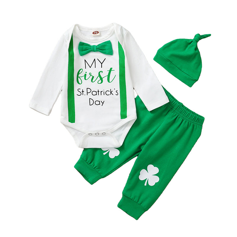 3 Pieces Set Baby Unisex St Patrick's Day Letters Color-blocking Bow Rompers And Flower Print Pants And Solid Color Hats Wholesale 22021879