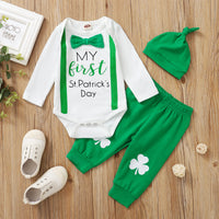 Load image into Gallery viewer, 3 Pieces Set Baby Unisex St Patrick&#39;s Day Letters Color-blocking Bow Rompers And Flower Print Pants And Solid Color Hats Wholesale 22021879
