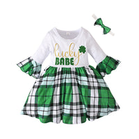 Load image into Gallery viewer, Baby Kid Girls Letters Color-blocking Flower Checked Bow Print St Patrick&#39;s Day Dresses Wholesale 22021881

