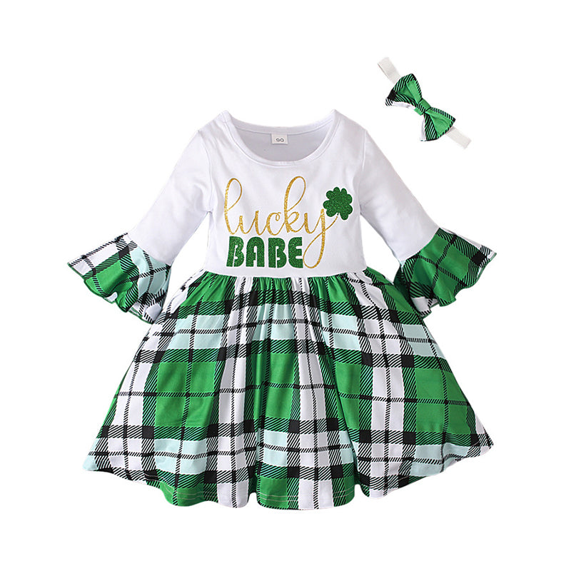 Baby Kid Girls Letters Color-blocking Flower Checked Bow Print St Patrick's Day Dresses Wholesale 22021881
