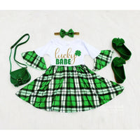 Load image into Gallery viewer, Baby Kid Girls Letters Color-blocking Flower Checked Bow Print St Patrick&#39;s Day Dresses Wholesale 22021881
