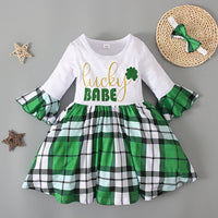 Load image into Gallery viewer, Baby Kid Girls Letters Color-blocking Flower Checked Bow Print St Patrick&#39;s Day Dresses Wholesale 22021881
