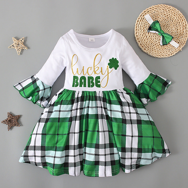 Baby Kid Girls Letters Color-blocking Flower Checked Bow Print St Patrick's Day Dresses Wholesale 22021881