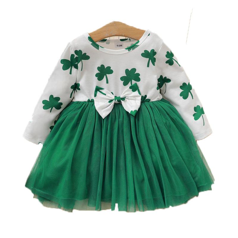 Baby Kid Girls Color-blocking Flower Bow Print St Patrick's Day Dresses Wholesale 22021884