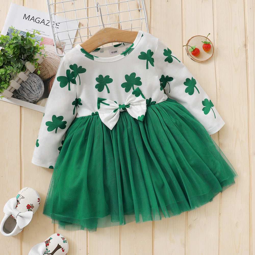 Baby Kid Girls Color-blocking Flower Bow Print St Patrick's Day Dresses Wholesale 22021884