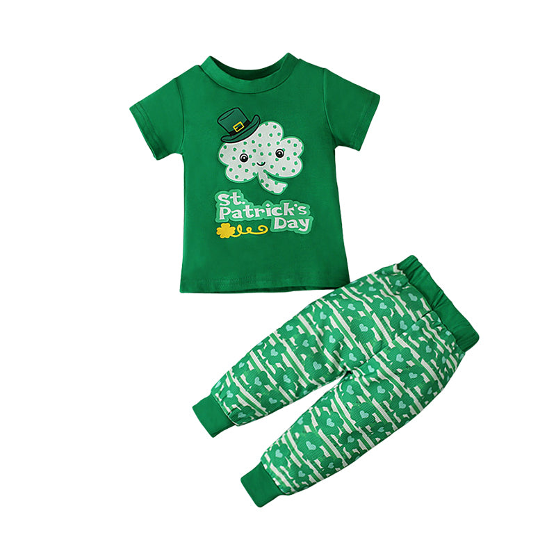 2 Pieces Set Baby Kid Girls St Patrick's Day Letters Flower Bow Print T-Shirts And Love heart Pants Wholesale 22021885