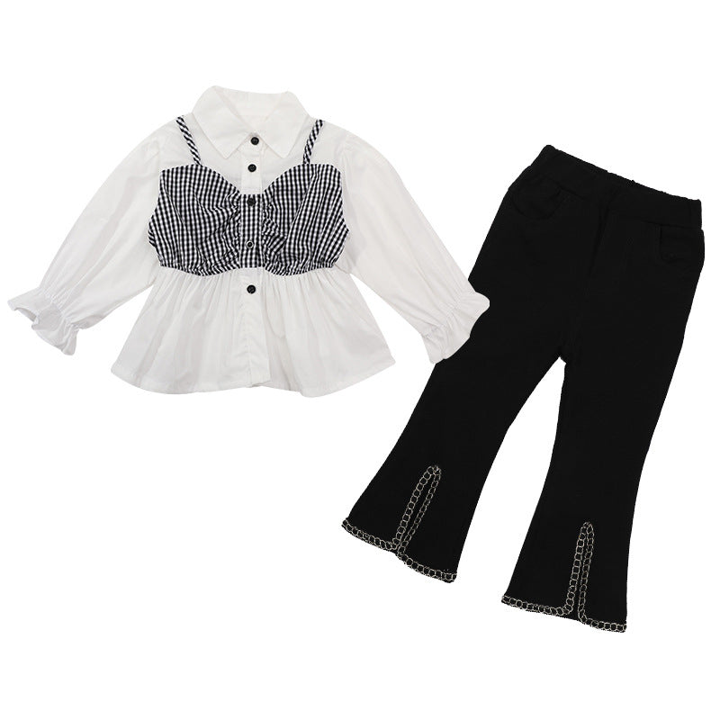 2 Pieces Set Baby Kid Girls Color-blocking Checked Shirts And Pants Wholesale 220223415
