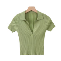 Load image into Gallery viewer, Women Solid Color Muslin&amp;Ribbed Polo Shirts Knitwear Wholesale 220224202
