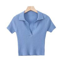 Load image into Gallery viewer, Women Solid Color Muslin&amp;Ribbed Polo Shirts Knitwear Wholesale 220224202
