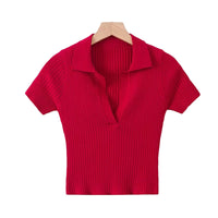 Load image into Gallery viewer, Women Solid Color Muslin&amp;Ribbed Polo Shirts Knitwear Wholesale 220224202
