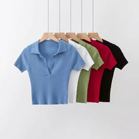 Load image into Gallery viewer, Women Solid Color Muslin&amp;Ribbed Polo Shirts Knitwear Wholesale 220224202
