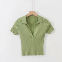 Load image into Gallery viewer, Women Solid Color Muslin&amp;Ribbed Polo Shirts Knitwear Wholesale 220224202
