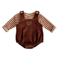 Load image into Gallery viewer, 2 Pieces Set Baby Unisex Striped Tops Cartoon Embroidered And Muslin&amp;Ribbed Rompers Wholesale 220302152
