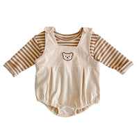 Load image into Gallery viewer, 2 Pieces Set Baby Unisex Striped Tops Cartoon Embroidered And Muslin&amp;Ribbed Rompers Wholesale 220302152
