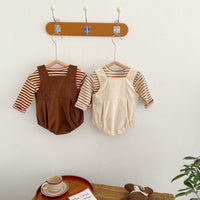 Load image into Gallery viewer, 2 Pieces Set Baby Unisex Striped Tops Cartoon Embroidered And Muslin&amp;Ribbed Rompers Wholesale 220302152
