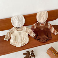 Load image into Gallery viewer, 2 Pieces Set Baby Unisex Striped Tops Cartoon Embroidered And Muslin&amp;Ribbed Rompers Wholesale 220302152
