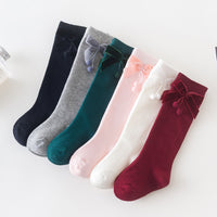 Load image into Gallery viewer, Girls Solid Color Bow Muslin&amp;Ribbed Accessories Socks Wholesale 22030221
