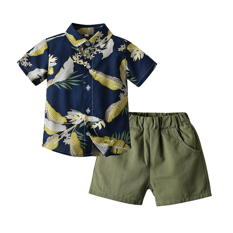 2 Pieces Set Baby Kid Boys Plant Print T-Shirts And Solid Color Shorts Wholesale 220302210