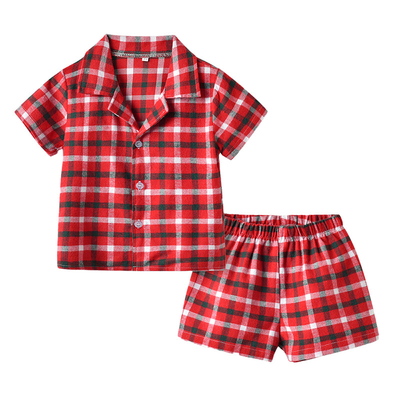 2 Pieces Set Baby Kid Unisex Checked Shirts And Shorts Sleepwears Wholesale 220302220