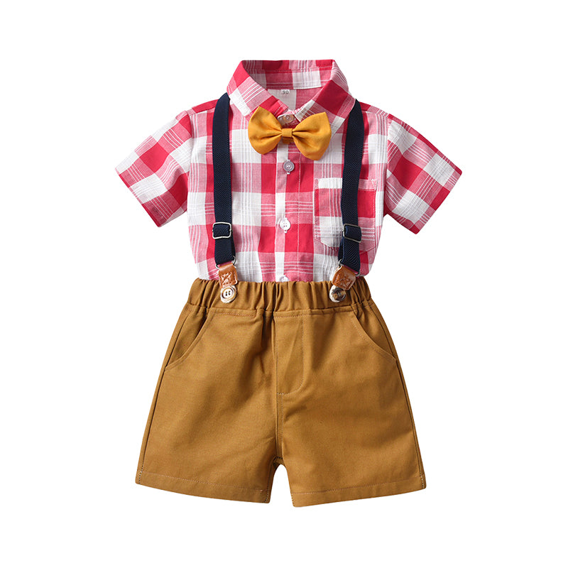 2 Pieces Set Baby Kid Boys Dressy Checked Bow Shirts And Solid Color Rompers Wholesale 220302232