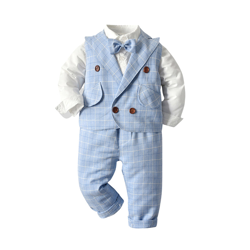 3 Pieces Set Baby Kid Boys Dressy Bow Shirts Checked Vests Waistcoats And Suits Trousers Wholesale 220302236