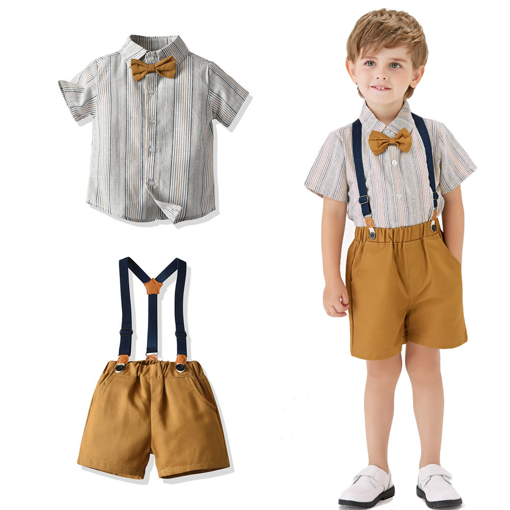 2 Pieces Set Baby Kid Big Kid Boys Striped Bow Shirts And Solid Color Rompers Wholesale 220302254