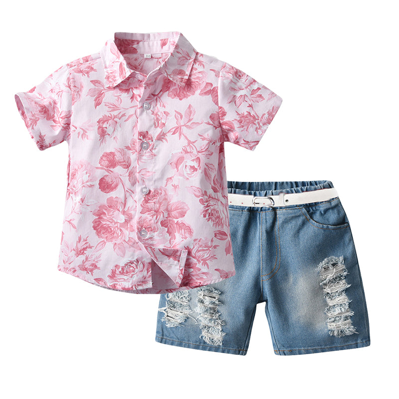 2 Pieces Set Baby Kid Girls Boys Flower Print Shirts And Ripped Shorts And Dresses Wholesale 220302261