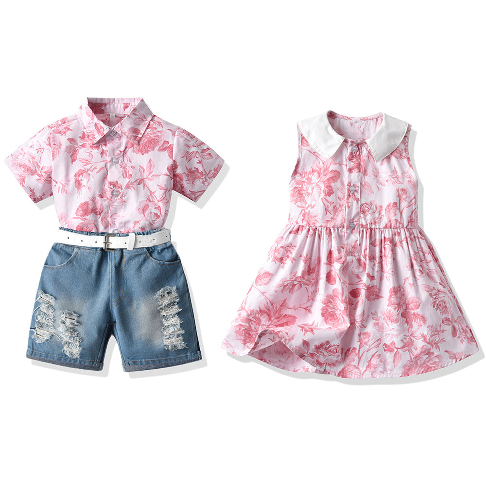 2 Pieces Set Baby Kid Girls Boys Flower Print Shirts And Ripped Shorts And Dresses Wholesale 220302261