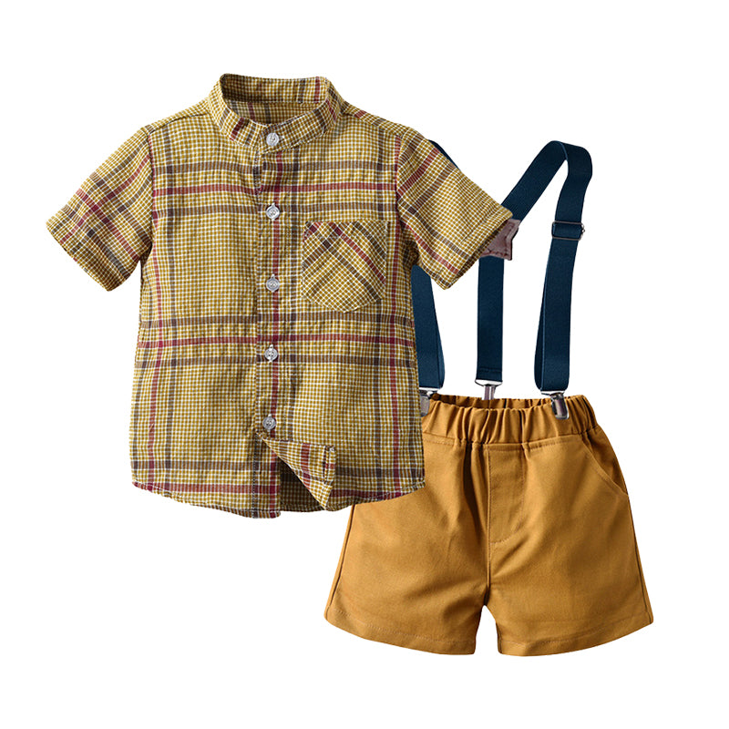 2 Pieces Set Baby Kid Boys Checked Print Shirts And Solid Color Shorts Wholesale 220302298
