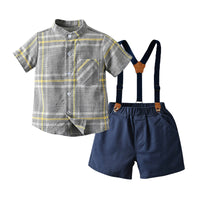 Load image into Gallery viewer, 2 Pieces Set Baby Kid Boys Checked Print Shirts And Solid Color Shorts Wholesale 220302298
