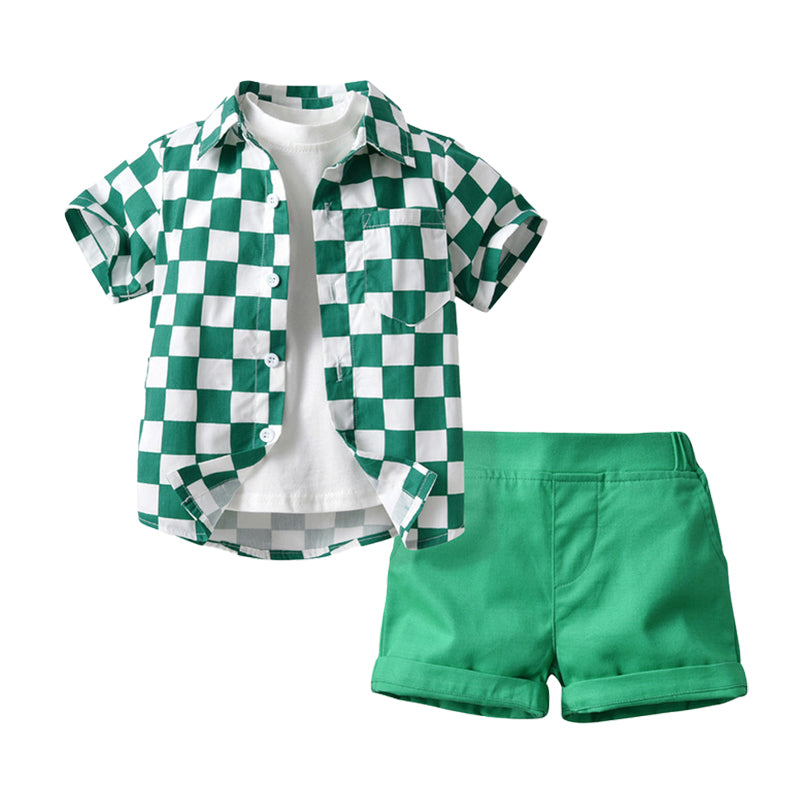 3 Pieces Set Baby Kid Big Kid Boys Solid Color T-Shirts And Checked Shirts And Shorts Wholesale 220302333