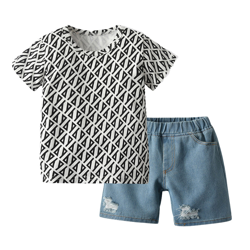 2 Pieces Set Baby Kid Boys Print T-Shirts And Ripped Shorts Wholesale 220302339
