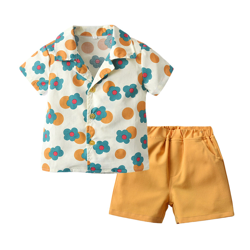2 Pieces Set Baby Kid Boys Flower Print T-Shirts And Solid Color Shorts Wholesale 220302370