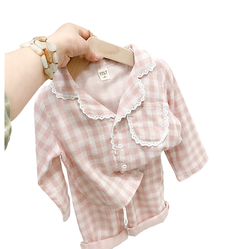 2 Pieces Set Baby Kid Girls Checked Tops And Pants Sleepwears Wholesale 22030249