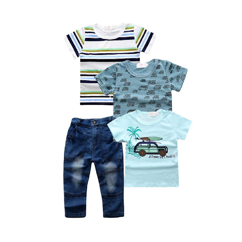 4 Pieces Set Baby Kid Boys Striped Letters Car Cartoon Print T-Shirts And Solid Color Pants Jeans Wholesale 22030802