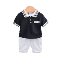 Load image into Gallery viewer, 2 Pieces Set Baby Kid Boys Striped Flower Plant Print Polo Shirts And Solid Color Shorts Wholesale 22030807
