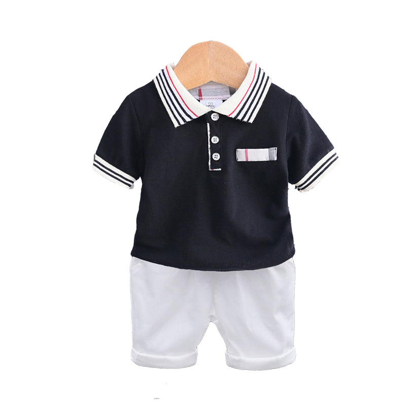 2 Pieces Set Baby Kid Boys Striped Flower Plant Print Polo Shirts And Solid Color Shorts Wholesale 22030807