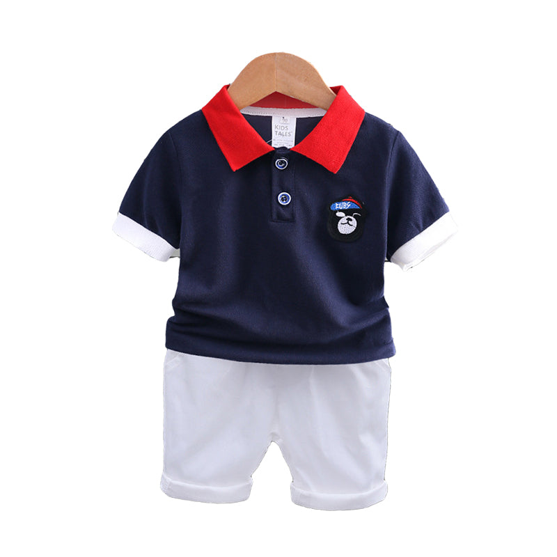 2 Pieces Set Baby Kid Boys Striped Flower Plant Print Polo Shirts And Solid Color Shorts Wholesale 22030807