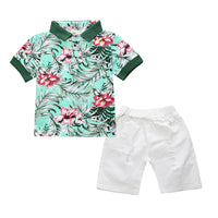 Load image into Gallery viewer, 2 Pieces Set Baby Kid Boys Striped Flower Plant Print Polo Shirts And Solid Color Shorts Wholesale 22030807
