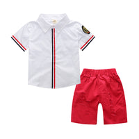 Load image into Gallery viewer, 2 Pieces Set Baby Kid Boys Striped Flower Plant Print Polo Shirts And Solid Color Shorts Wholesale 22030807
