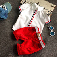 Load image into Gallery viewer, 2 Pieces Set Baby Kid Boys Striped Flower Plant Print Polo Shirts And Solid Color Shorts Wholesale 22030807
