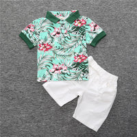Load image into Gallery viewer, 2 Pieces Set Baby Kid Boys Striped Flower Plant Print Polo Shirts And Solid Color Shorts Wholesale 22030807

