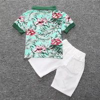 Load image into Gallery viewer, 2 Pieces Set Baby Kid Boys Striped Flower Plant Print Polo Shirts And Solid Color Shorts Wholesale 22030807
