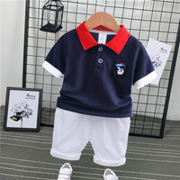 Load image into Gallery viewer, 2 Pieces Set Baby Kid Boys Striped Flower Plant Print Polo Shirts And Solid Color Shorts Wholesale 22030807
