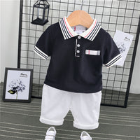 Load image into Gallery viewer, 2 Pieces Set Baby Kid Boys Striped Flower Plant Print Polo Shirts And Solid Color Shorts Wholesale 22030807
