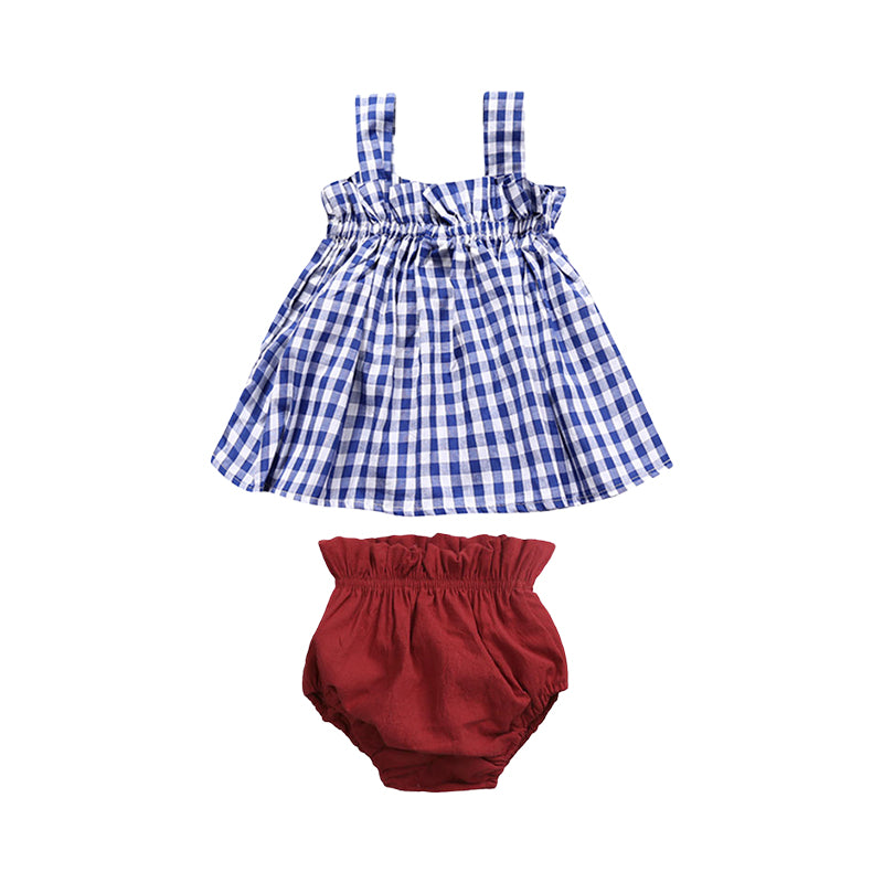 2 Pieces Set Baby Kid Girls Checked Tank Dresses And Solid Color Underwears Wholesale 22030811